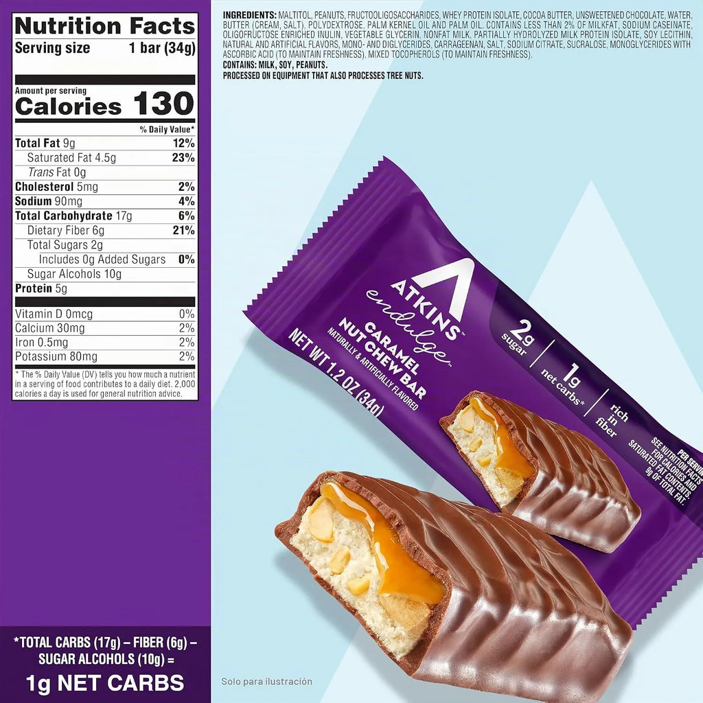 Atkins Endulge Caramel Nut Chew | Barras de Chocolate con Caramelo y Cacahuate | 5 Piezas de 34 g