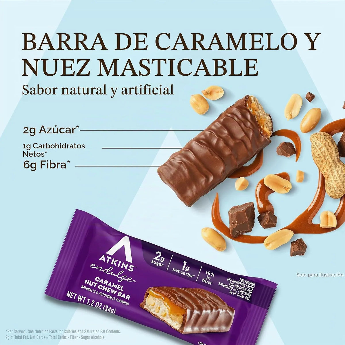 Atkins Endulge Caramel Nut Chew | Barras de Chocolate con Caramelo y Cacahuate | 5 Piezas de 34 g