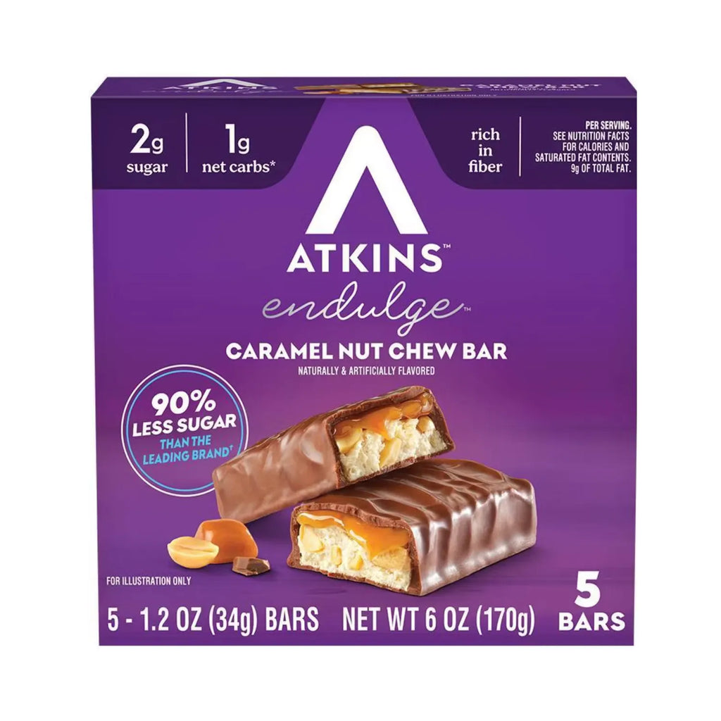 Atkins Endulge Caramel Nut Chew | Barras de Chocolate con Caramelo y Cacahuate | 5 Piezas de 34 g