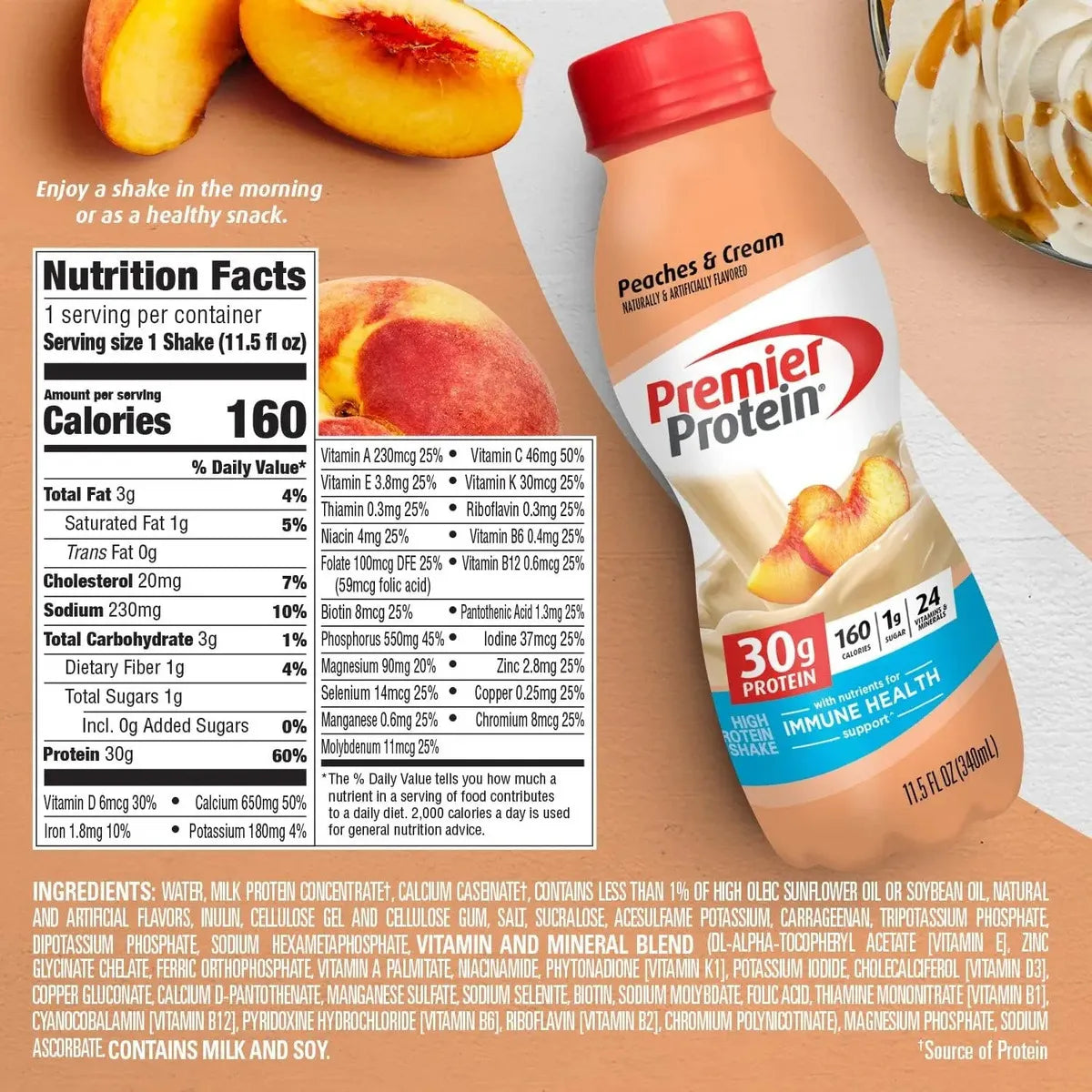 Premier Protein Shake | 30 g de Proteína | 12 Bebidas de 11.5 oz | Sabor Peaches & Cream | 24 Vitaminas y Minerales