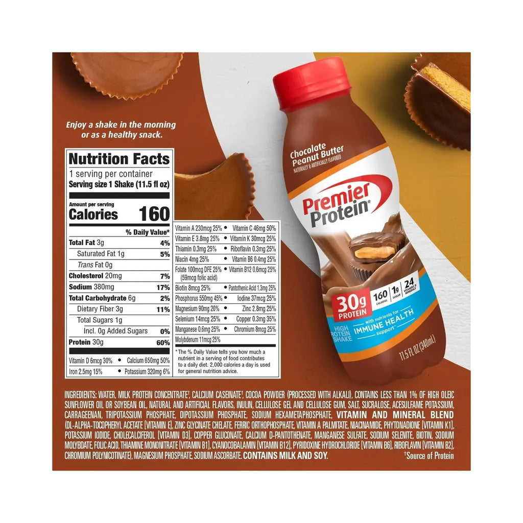 Premier protein shake 30g de proteína 12 pzs de 11.5oz sfn Chocolate peanut butter