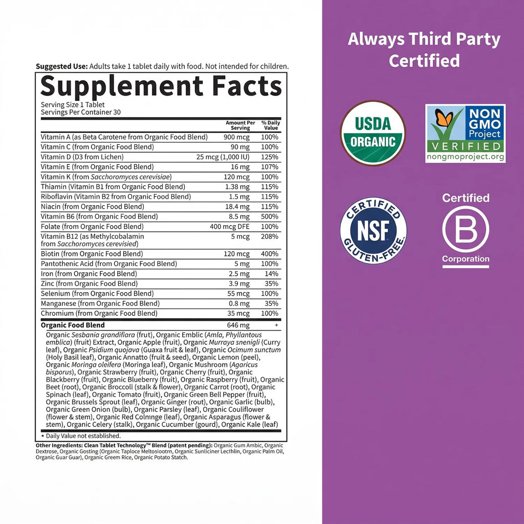 Garden of Life Organics Multivitamínico para Mujer 30 Tabletas | Fórmula de alimentos integrales | Vitaminas y minerales para energía y bienestar | 1 tableta al día | Suplemento alimenticio