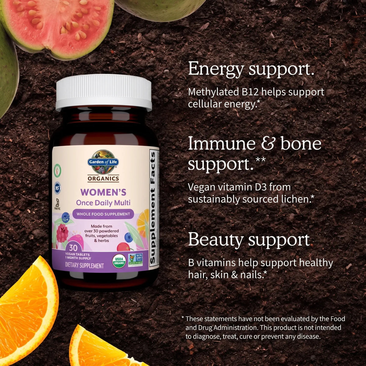 Garden of Life Organics Multivitamínico para Mujer 30 Tabletas | Fórmula de alimentos integrales | Vitaminas y minerales para energía y bienestar | 1 tableta al día | Suplemento alimenticio