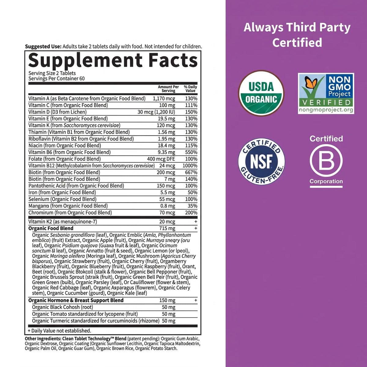 Garden of Life Organics Multivitamínico para Mujer 120 Tabletas | Fórmula de alimentos integrales | Vitaminas y minerales para energía y bienestar | 2 tabletas al día | Suplemento alimenticio