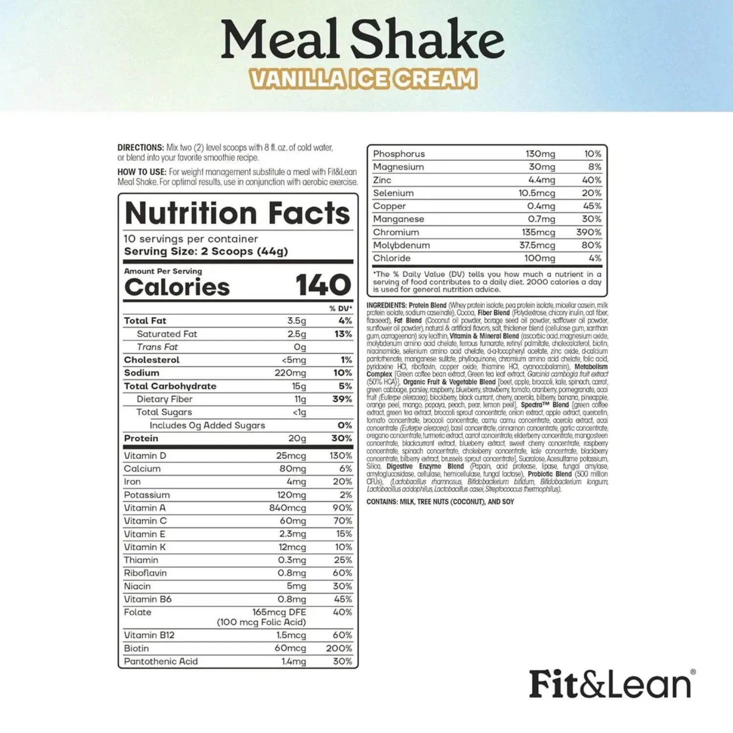 Fit & Lean Meal Shake 10 servs sfn Vanilla Iice cream