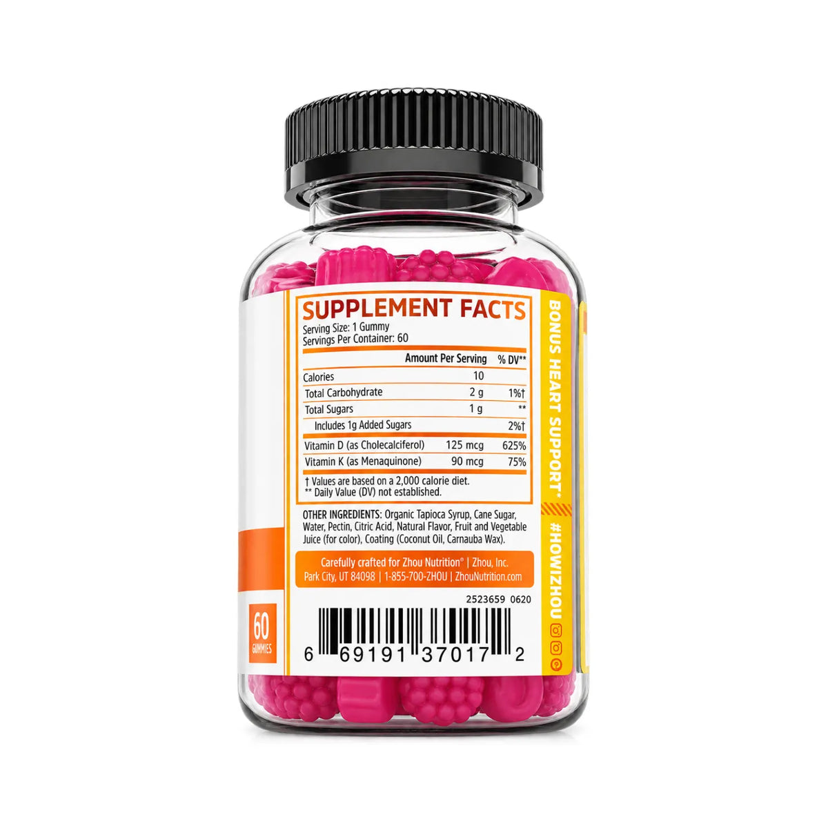 ZHOU D3 + K2 Gomitas Sabor Fresa 60 Gomitas | 5,000 UI de Vitamina D3 y 90 mcg de Vitamina K2 por porción | Apoyo inmunitario y salud ósea | Sin gelatina | Suplemento alimenticio