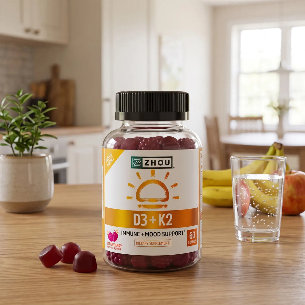 ZHOU D3 + K2 Gomitas Sabor Fresa 60 Gomitas | 5,000 UI de Vitamina D3 y 90 mcg de Vitamina K2 por porción | Apoyo inmunitario y salud ósea | Sin gelatina | Suplemento alimenticio