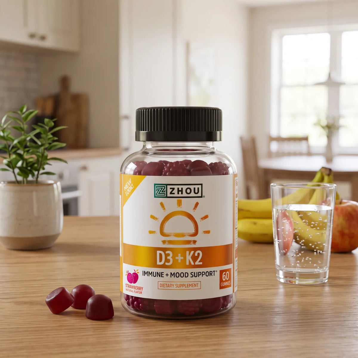 ZHOU D3 + K2 Gomitas Sabor Fresa 60 Gomitas | 5,000 UI de Vitamina D3 y 90 mcg de Vitamina K2 por porción | Apoyo inmunitario y salud ósea | Sin gelatina | Suplemento alimenticio