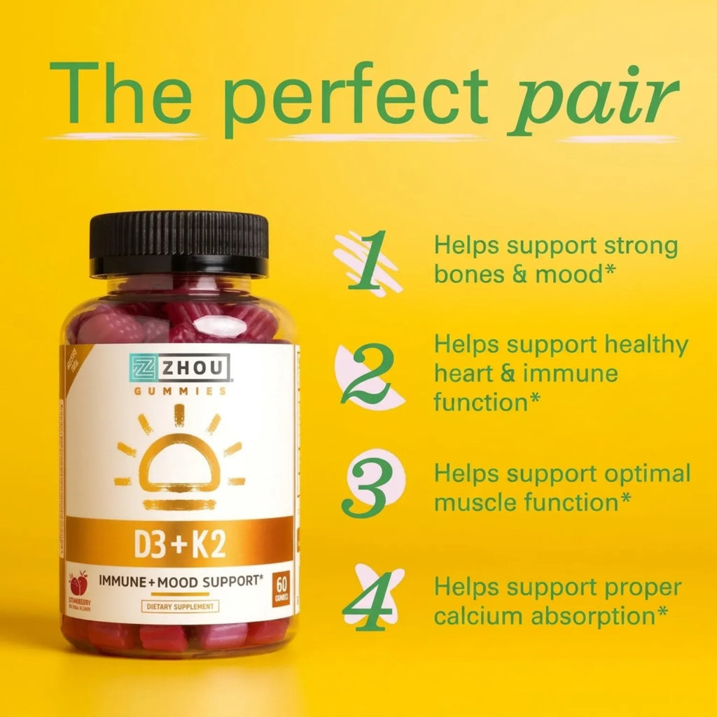 ZHOU D3 + K2 Gomitas Sabor Fresa 60 Gomitas | 5,000 UI de Vitamina D3 y 90 mcg de Vitamina K2 por porción | Apoyo inmunitario y salud ósea | Sin gelatina | Suplemento alimenticio