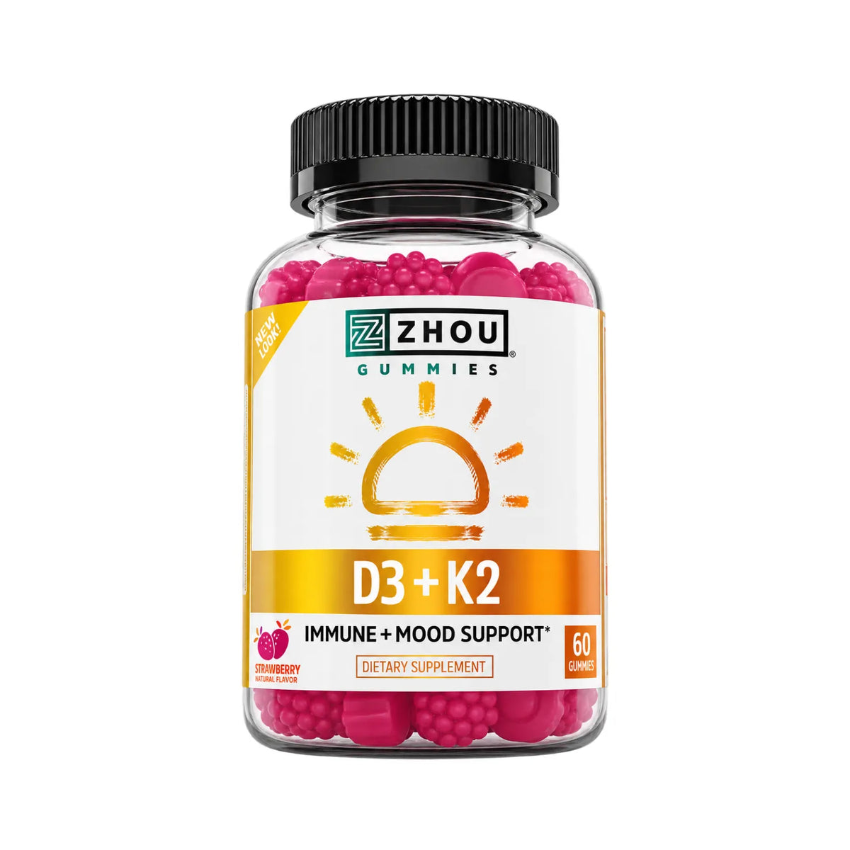 ZHOU D3 + K2 Gomitas Sabor Fresa 60 Gomitas | 5,000 UI de Vitamina D3 y 90 mcg de Vitamina K2 por porción | Apoyo inmunitario y salud ósea | Sin gelatina | Suplemento alimenticio