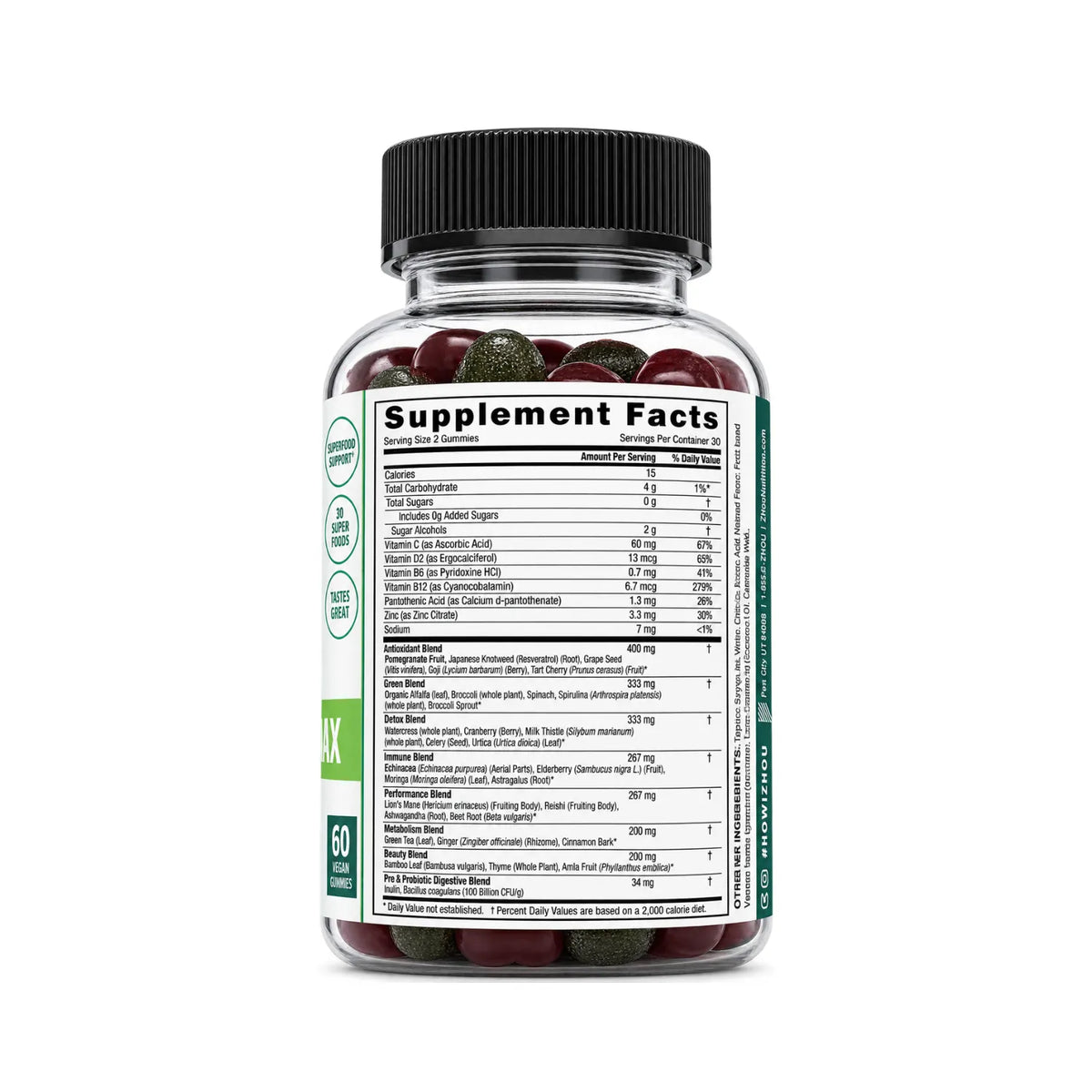ZHOU Supergreens Max Sabor Frambuesa 60 Gomitas | Vitaminas B6, B12, C y D2 | Con Superalimentos, Prebióticos y Probióticos | Sin Azúcar Añadida | Vegano | Suplemento alimenticio