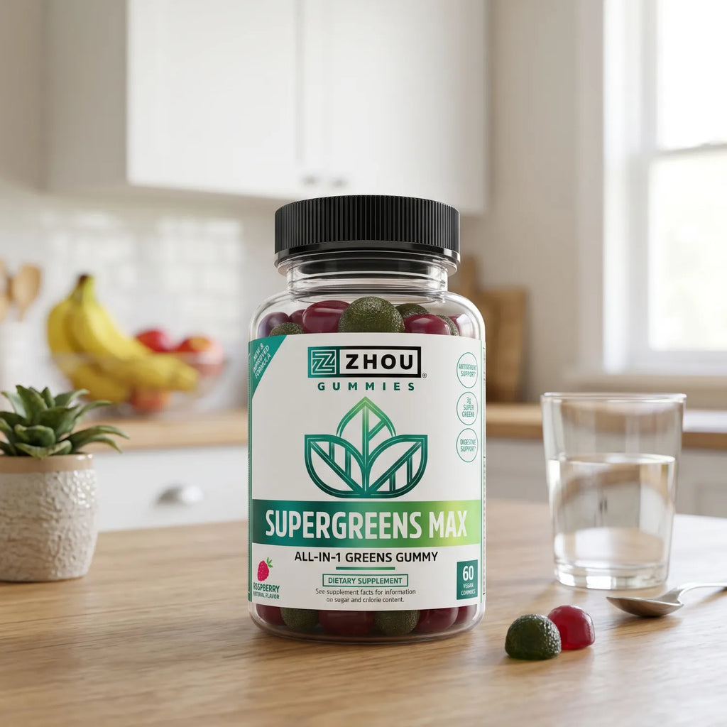 ZHOU Supergreens Max Sabor Frambuesa 60 Gomitas | Vitaminas B6, B12, C y D2 | Con Superalimentos, Prebióticos y Probióticos | Sin Azúcar Añadida | Vegano | Suplemento alimenticio