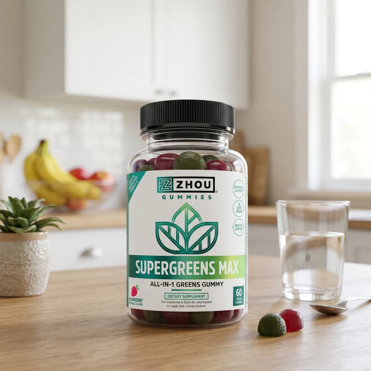 ZHOU Supergreens Max Sabor Frambuesa 60 Gomitas | Vitaminas B6, B12, C y D2 | Con Superalimentos, Prebióticos y Probióticos | Sin Azúcar Añadida | Vegano | Suplemento alimenticio