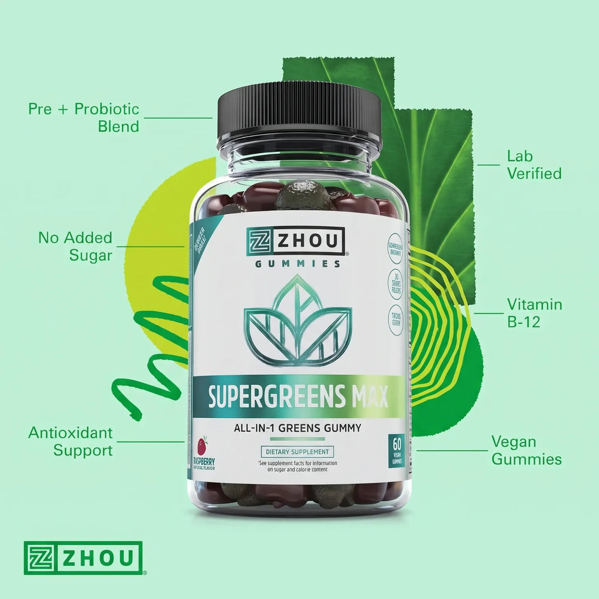 ZHOU Supergreens Max Sabor Frambuesa 60 Gomitas | Vitaminas B6, B12, C y D2 | Con Superalimentos, Prebióticos y Probióticos | Sin Azúcar Añadida | Vegano | Suplemento alimenticio