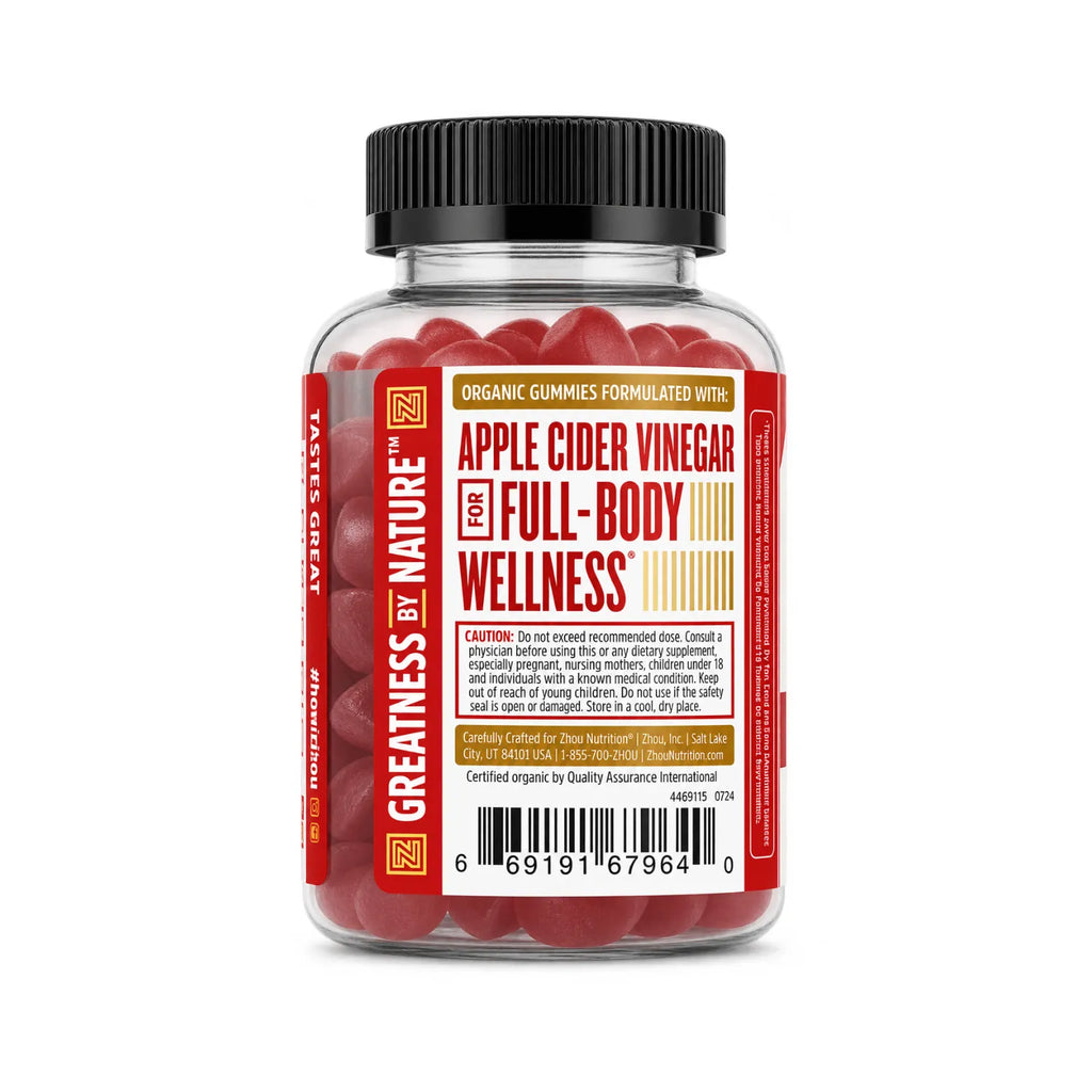 ZHOU Nutrition Vinagre de Sidra de Manzana 60 Gomitas | 500 mg de Vinagre de Sidra de Manzana por Porción | Orgánico, Vegano y Sin Gluten | Suplemento alimenticio