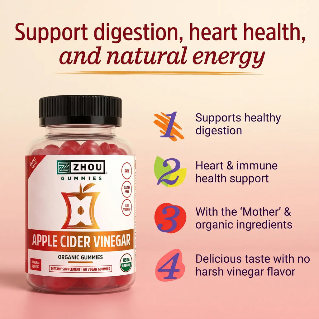 ZHOU Nutrition Vinagre de Sidra de Manzana 60 Gomitas | 500 mg de Vinagre de Sidra de Manzana por Porción | Orgánico, Vegano y Sin Gluten | Suplemento alimenticio