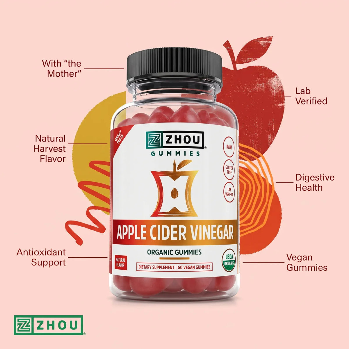 ZHOU Nutrition Vinagre de Sidra de Manzana 60 Gomitas | 500 mg de Vinagre de Sidra de Manzana por Porción | Orgánico, Vegano y Sin Gluten | Suplemento alimenticio