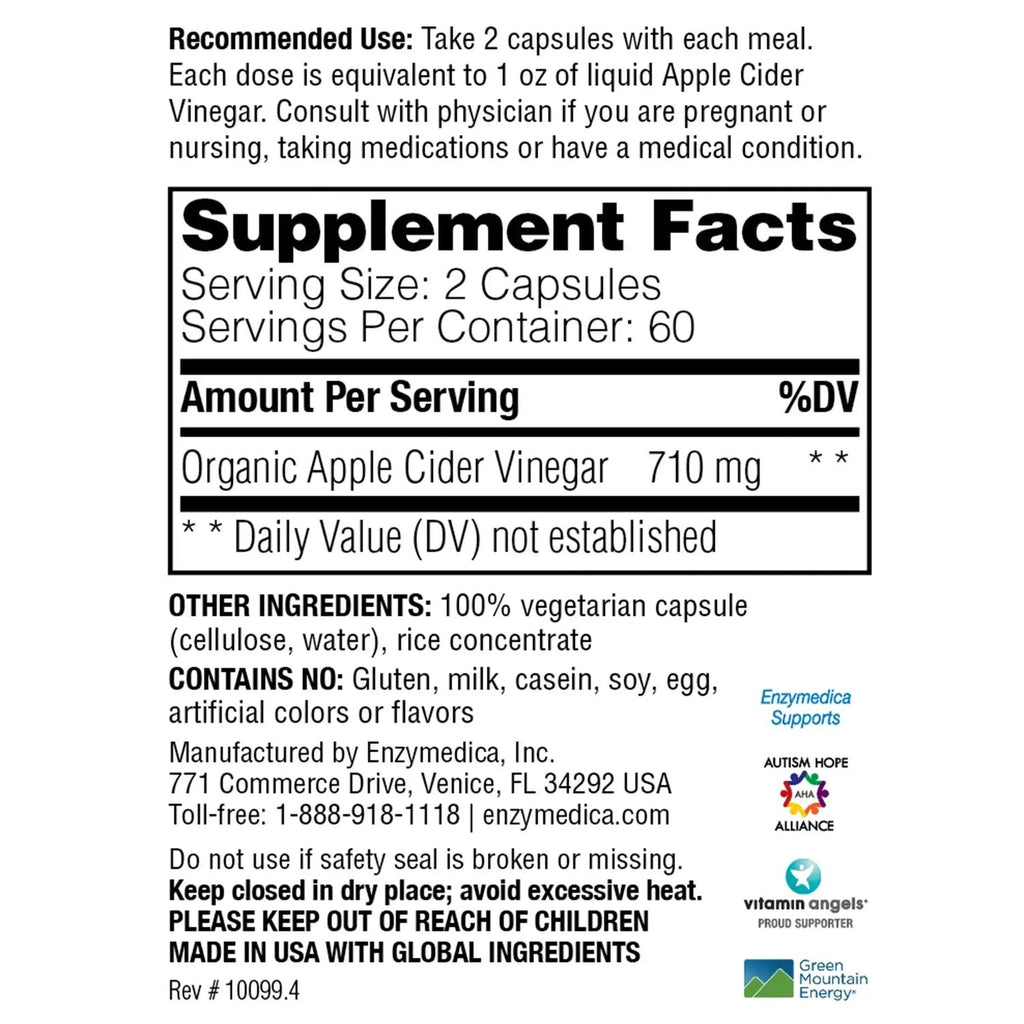 Enzymedica Vinagre de Manzana 60 Cápsulas Vegetales