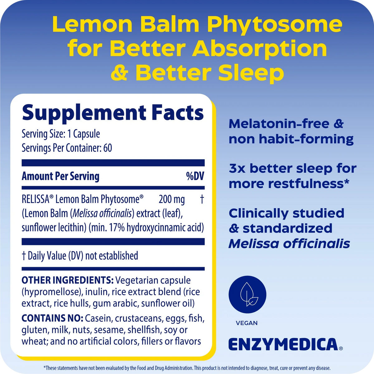 Enzymedica Sleep & Stress Lemon Balm Phytosome Toronjil 200 mg 60 Cápsulas Vegetales
