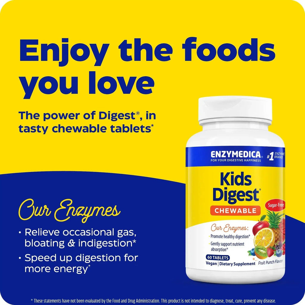 Enzymedica Kids Digest Enzimas Digestivas para Niños 90 Tabletas Masticables Ponche de Frutas
