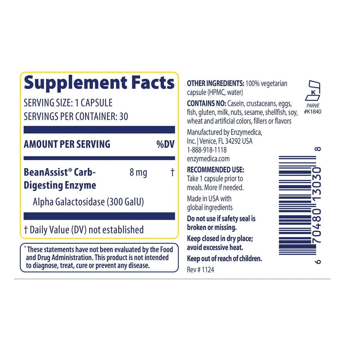 Enzymedica BeanAssist 325 mg 30 Cápsulas Vegetales