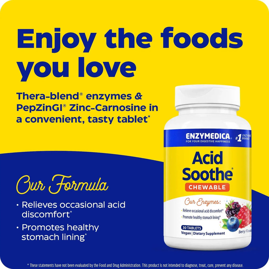 Enzymedica Acid Soothe 30 Tabletas Masticables Sabor Bayas Mixtas