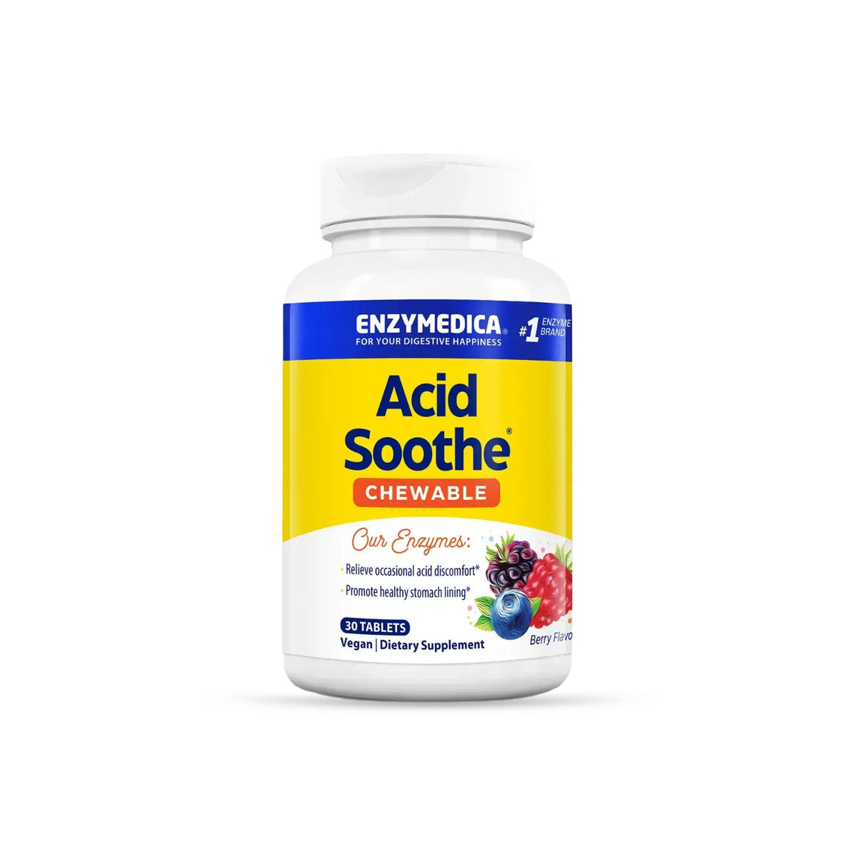 Enzymedica Acid Soothe 30 Tabletas Masticables Sabor Bayas Mixtas