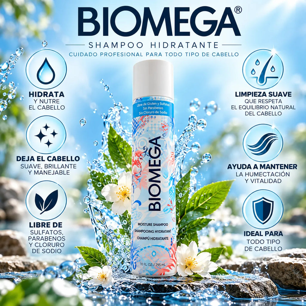 BIOMEGA Moisture Shampoo | Shampoo Hidratante con Omega y Aminoácidos de Queratina | 296 ml | Volumen y Suavidad