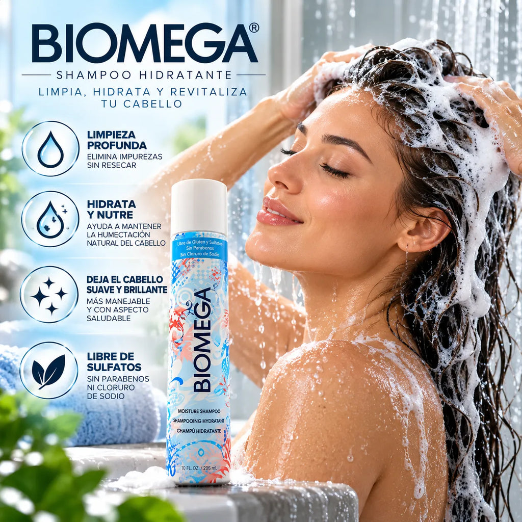 BIOMEGA Moisture Shampoo | Shampoo Hidratante con Omega y Aminoácidos de Queratina | 296 ml | Volumen y Suavidad