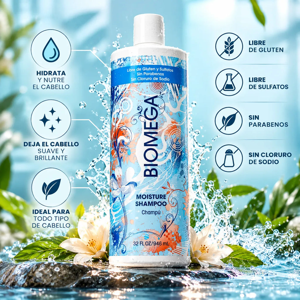 Biomega Moisture Shampoo | Shampoo Hidratante con Omega y Aminoácidos de Queratina | 32 oz | Cabello Seco y Dañado