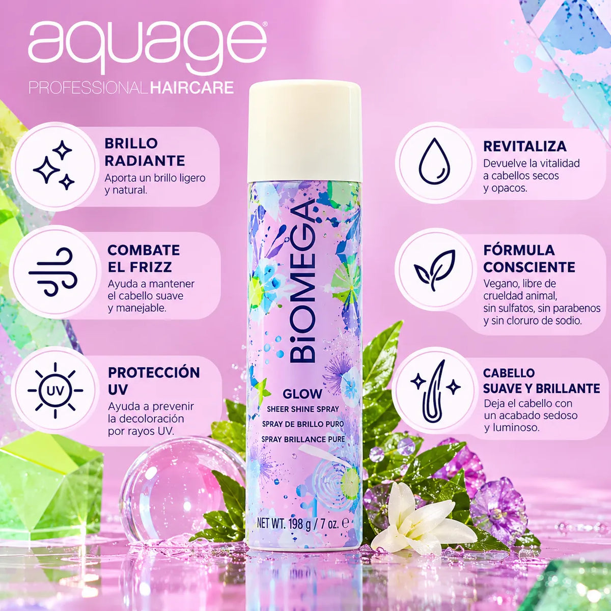 Aquage Biomega Glow Sheer Shine Spray | Spray de Brillo para el Cabello | Protección UV y Control de Frizz | 189 g (7 oz) | Unisex