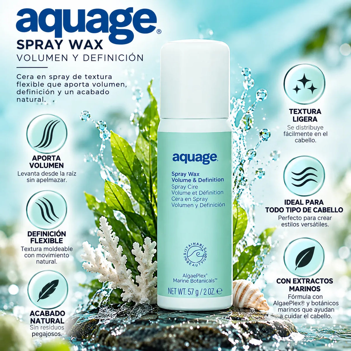 Aquage Spray Wax | Cera en Spray para Cabello | Volumen, Textura y Definición | 57 g (2 oz) | Unisex