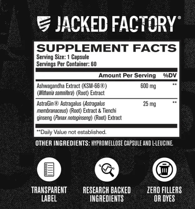 Jacked Factory KSM-66 Ashwagandha 600 mg - 60 Cápsulas | Extracto Estandarizado | Adaptógeno Natural | Manejo del Estrés y Bienestar