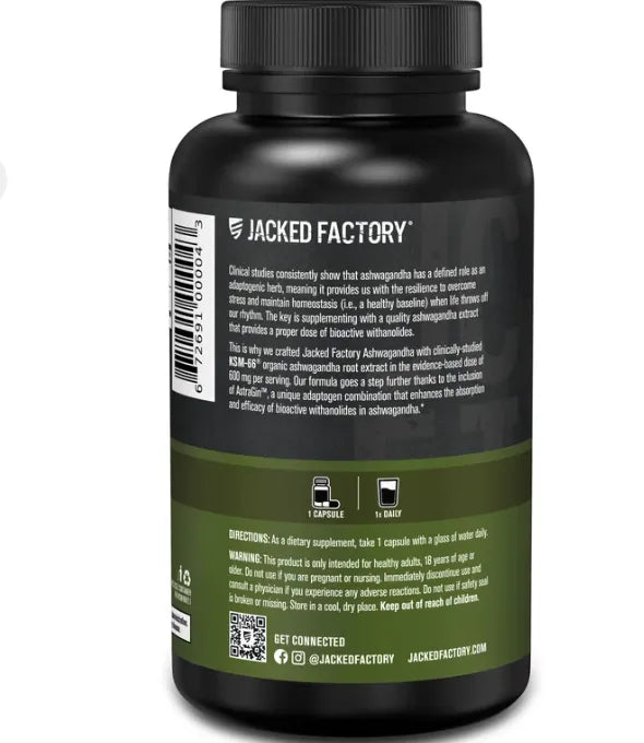 Jacked Factory KSM-66 Ashwagandha 600 mg - 60 Cápsulas | Extracto Estandarizado | Adaptógeno Natural | Manejo del Estrés y Bienestar