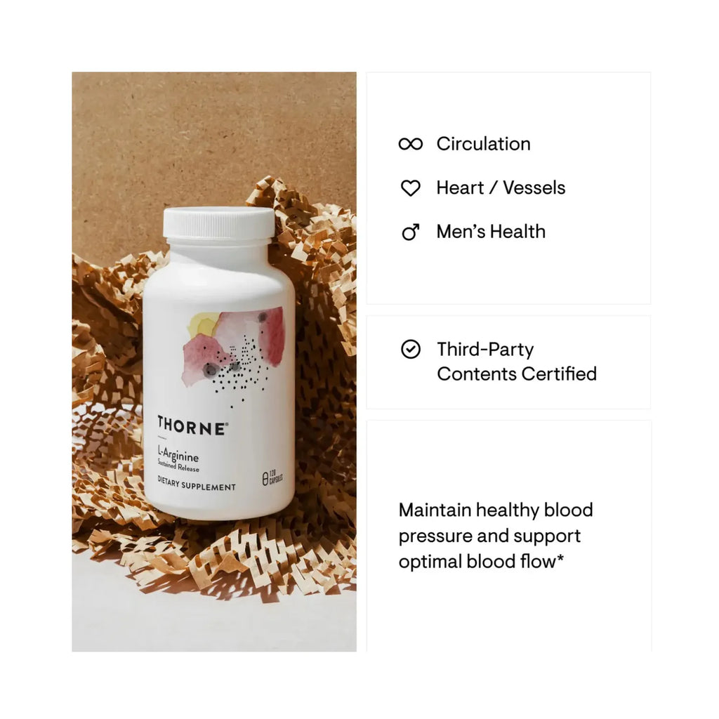 Thorne L-Arginine Liberación Sostenida 500 mg, 120 Cápsulas – Apoyo a la Circulación