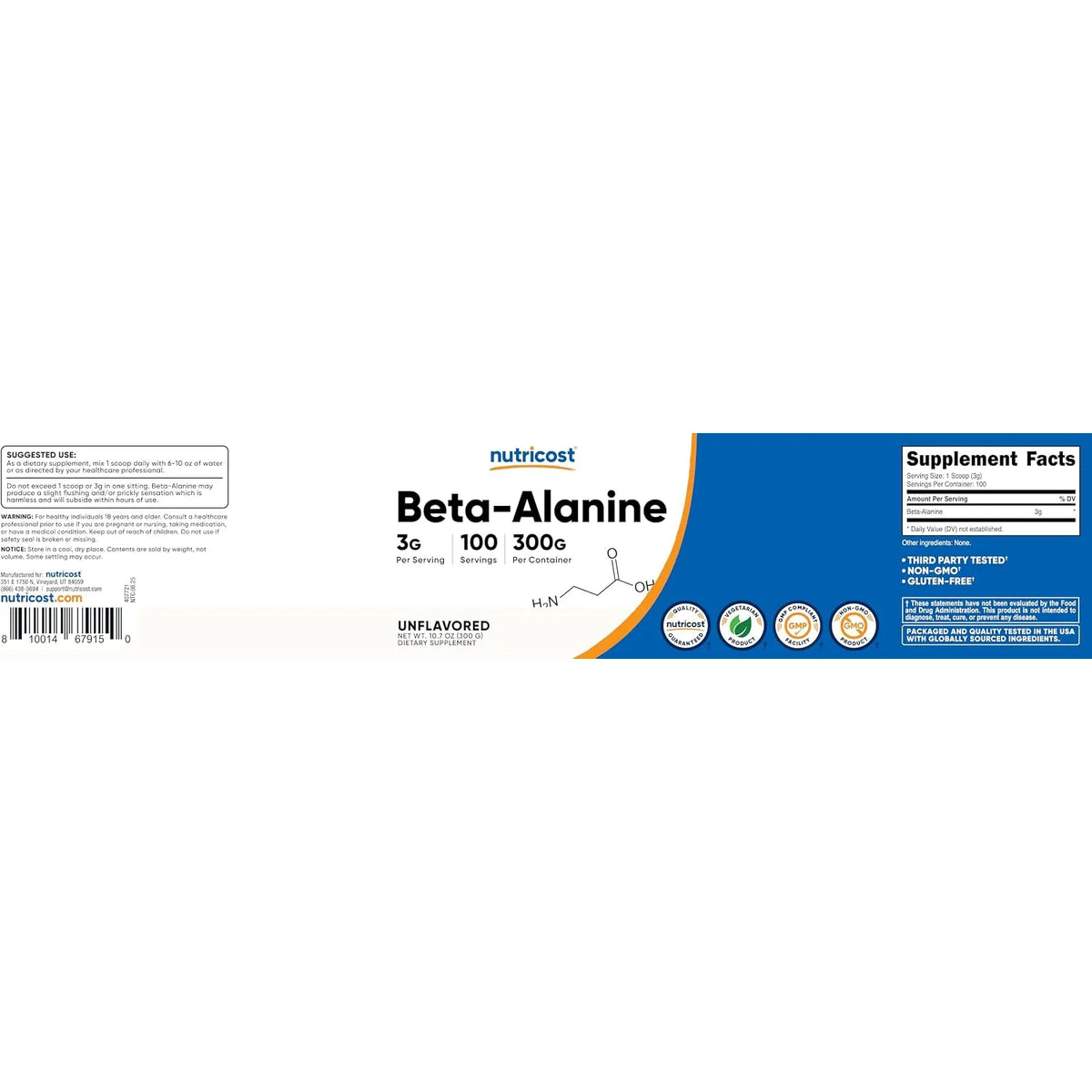 Nutricost Beta Alanina en Polvo 300 Gramos, 3 Gramos por Porción