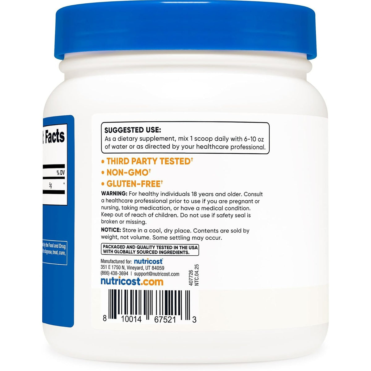 Nutricost L-Glutamina en Polvo 500 g 100 Porciones Sin Sabor