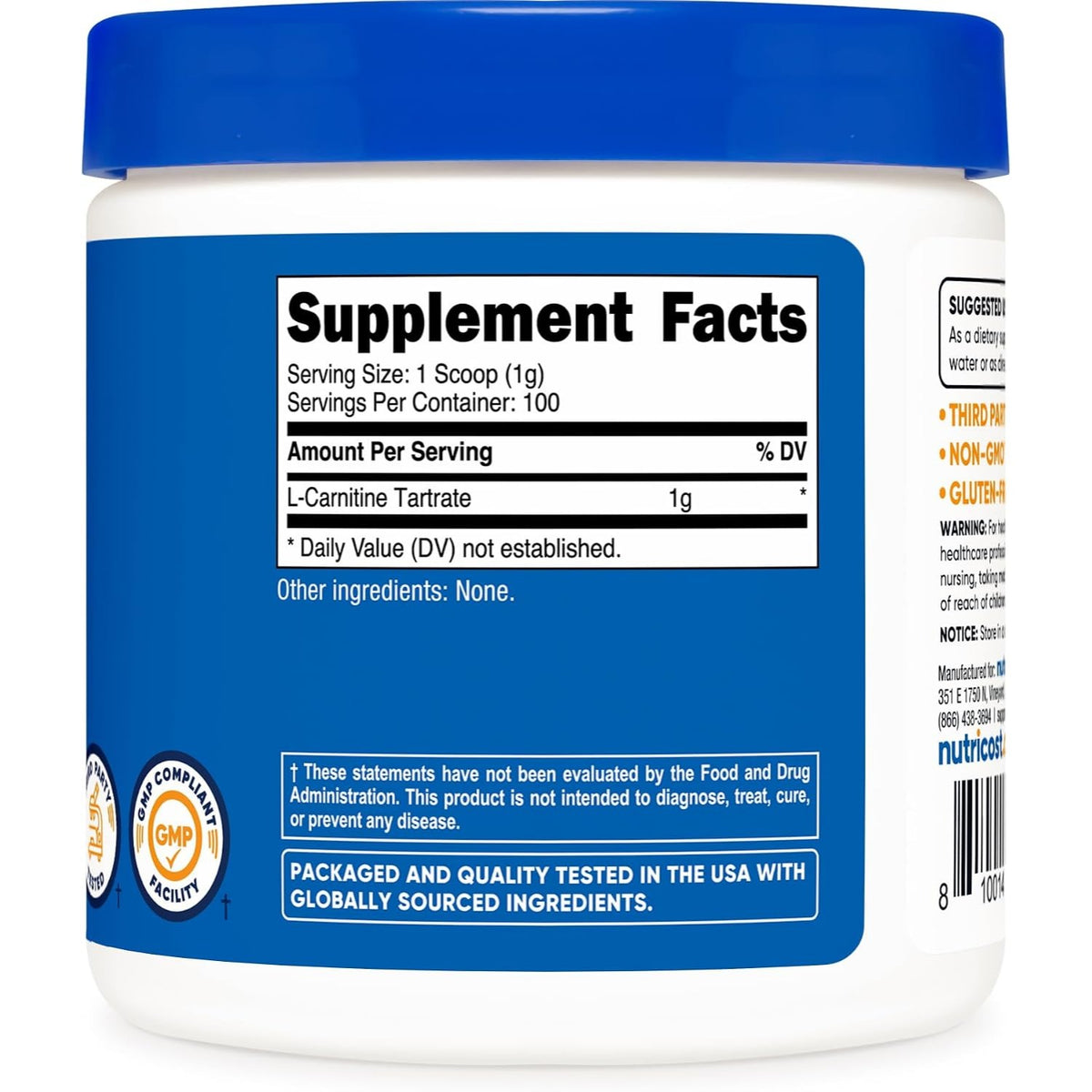 Nutricost Tartrato de L-Carnitina en Polvo 100 g 100 Porciones