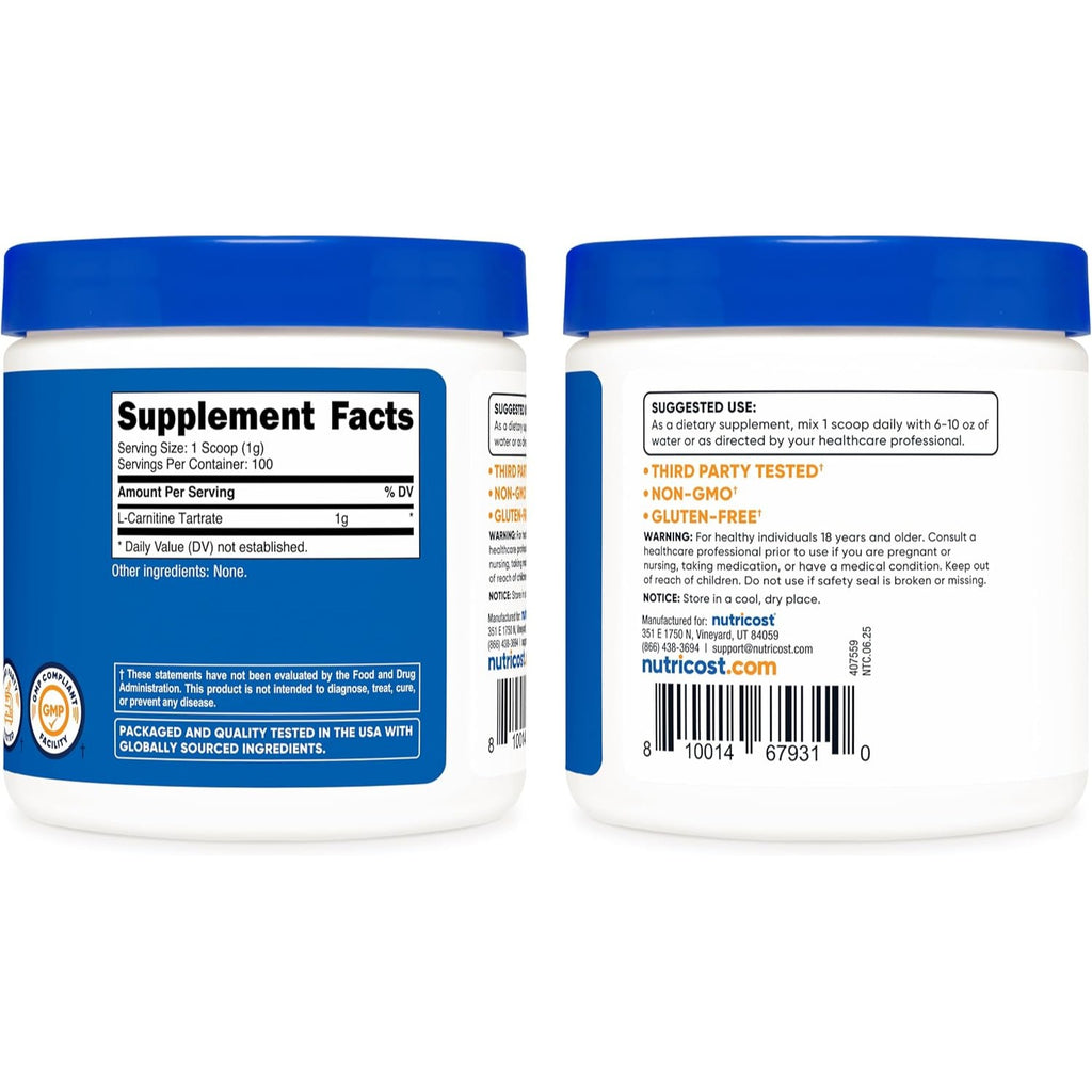 Nutricost Tartrato de L-Carnitina en Polvo 100 g 100 Porciones