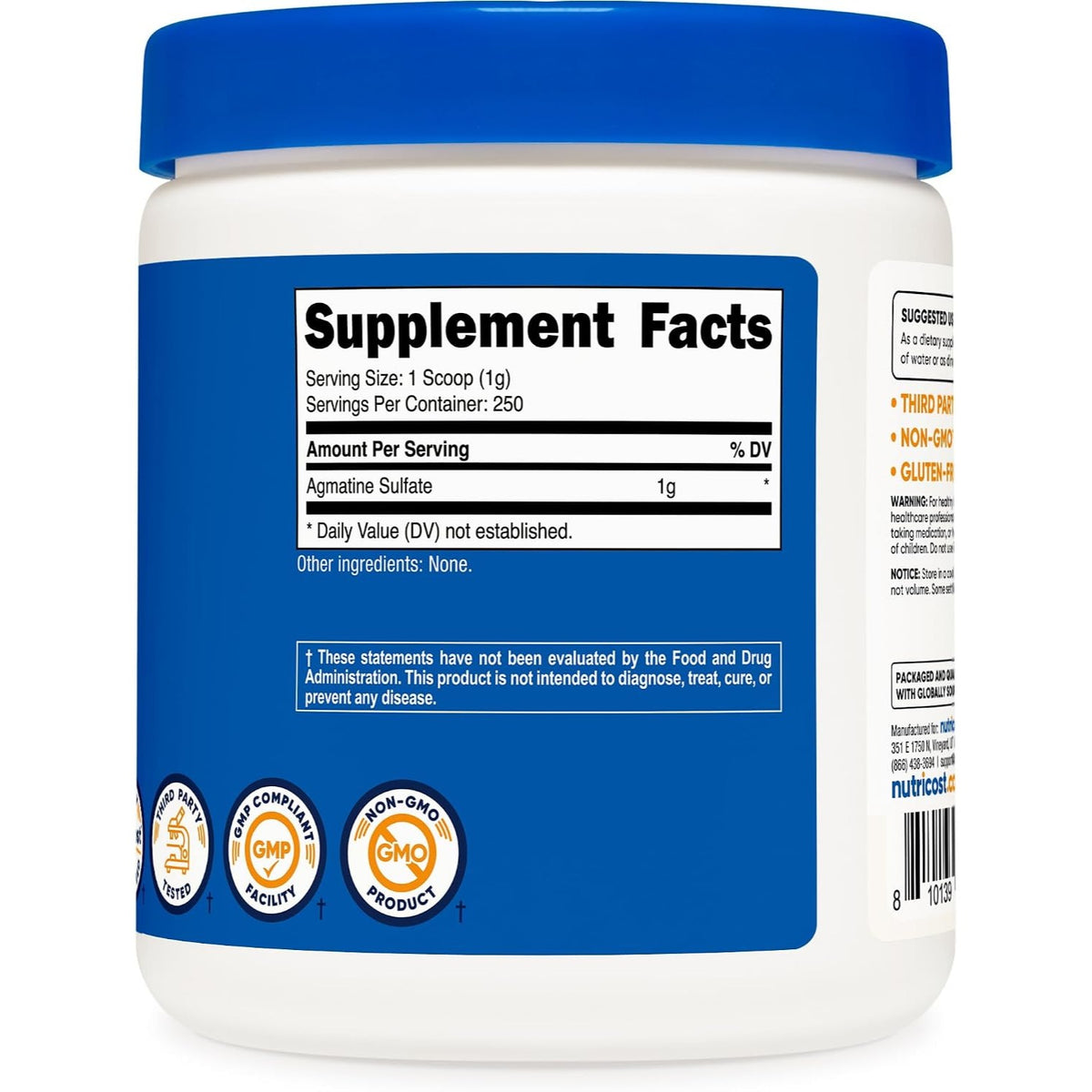 Nutricost Sulfato de Agmatina en Polvo 250 g 250 Porciones Sin Sabor