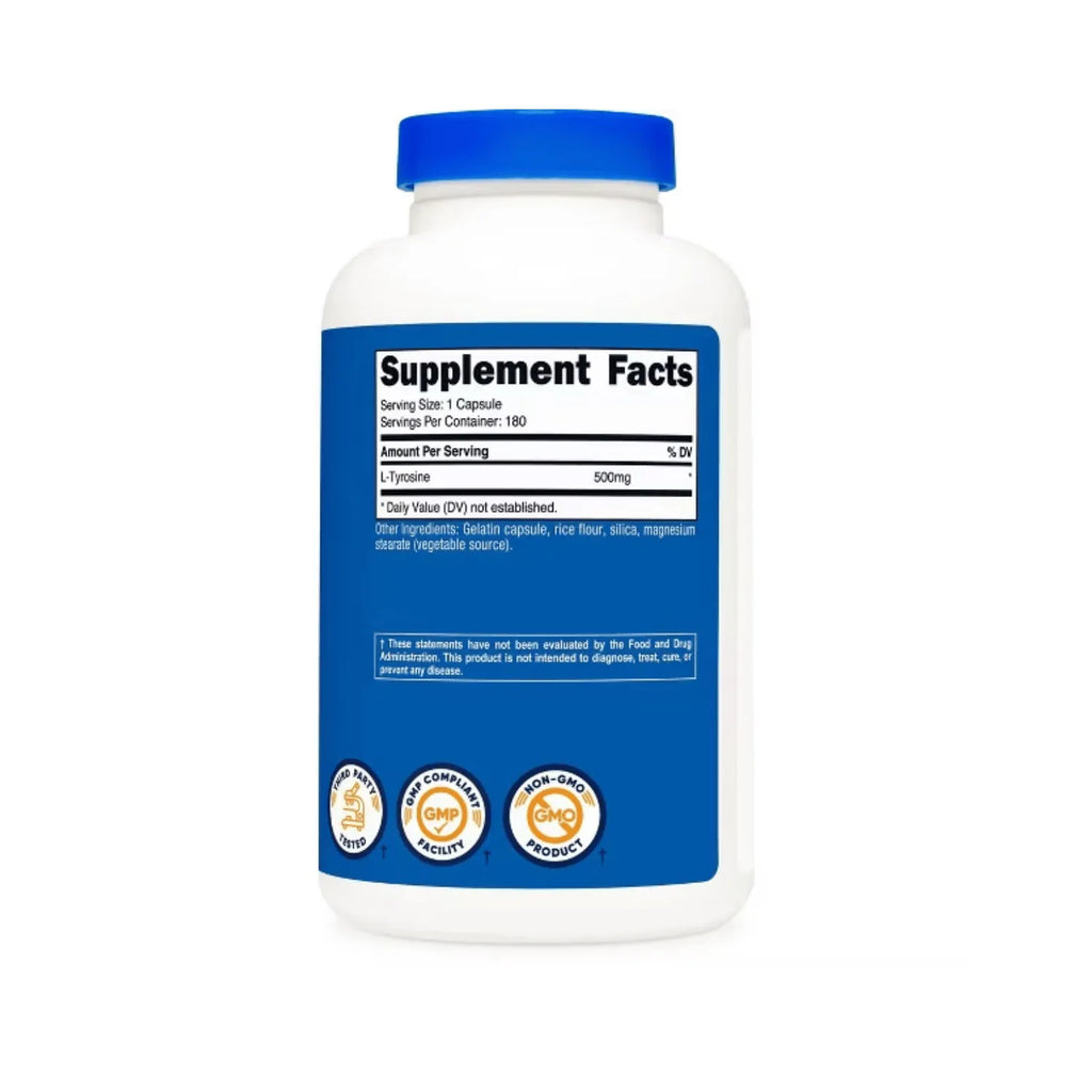 Nutricost L-Tirosina (500 mg) 180 cápsulas - Sin gluten y sin OMG, 180 porciones
