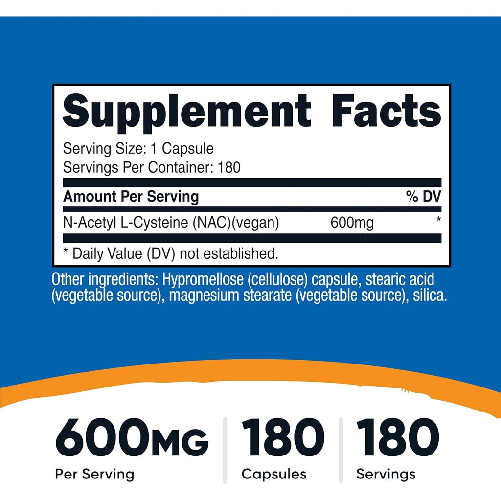 Nutricost NAC N-acetil L-cisteína 600 Mg 180 Cápsulas