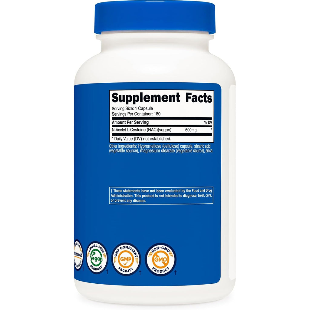 Nutricost NAC N-acetil L-cisteína 600 Mg 180 Cápsulas