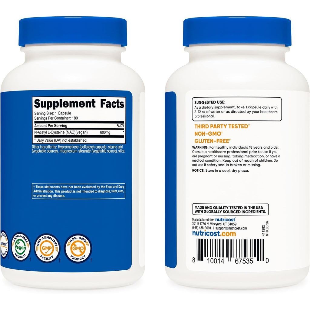 Nutricost NAC N-acetil L-cisteína 600 Mg 180 Cápsulas