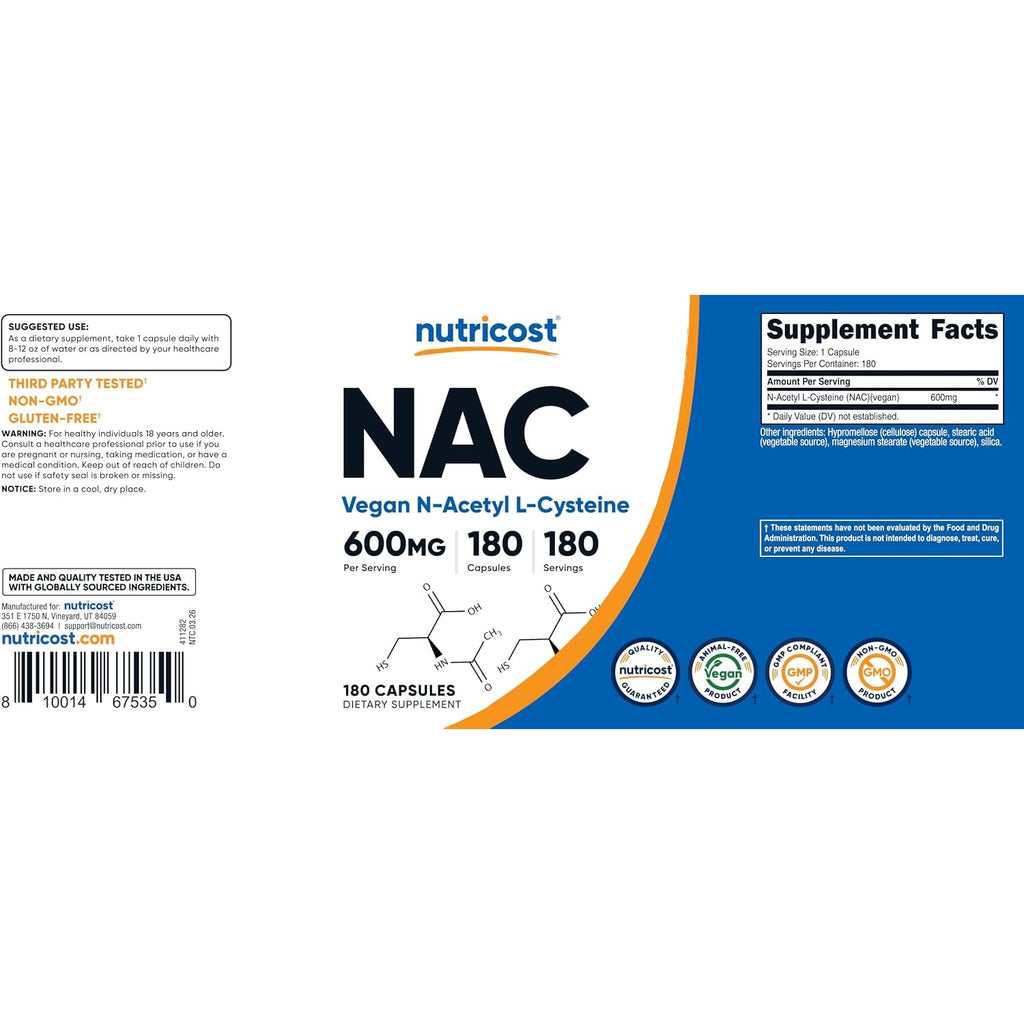 Nutricost NAC N-acetil L-cisteína 600 Mg 180 Cápsulas