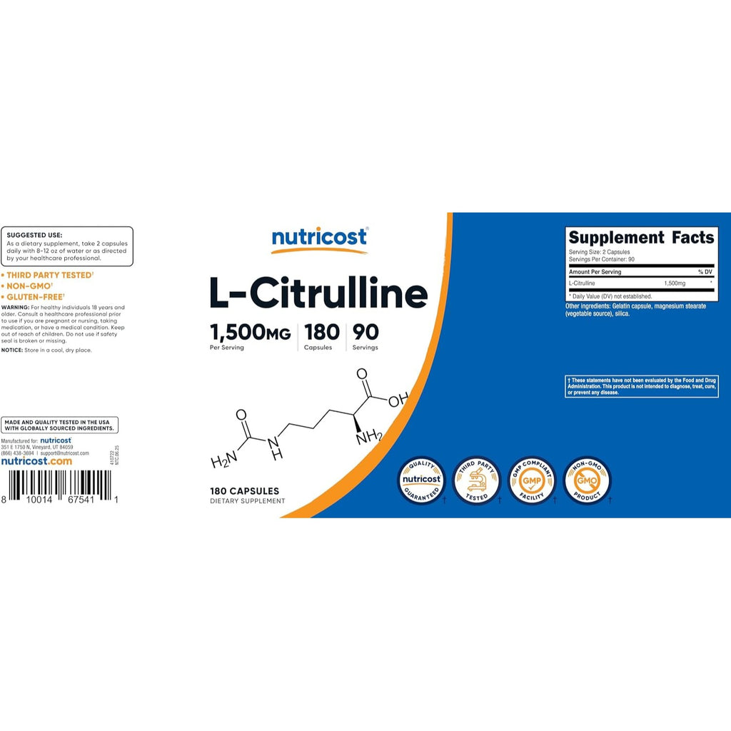 Nutricost L-Citrulina 1500 mg 180 Cápsulas