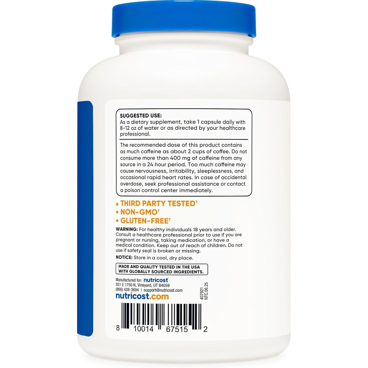 Nutricost Cafeína 200 Mg 500 Cápsulas