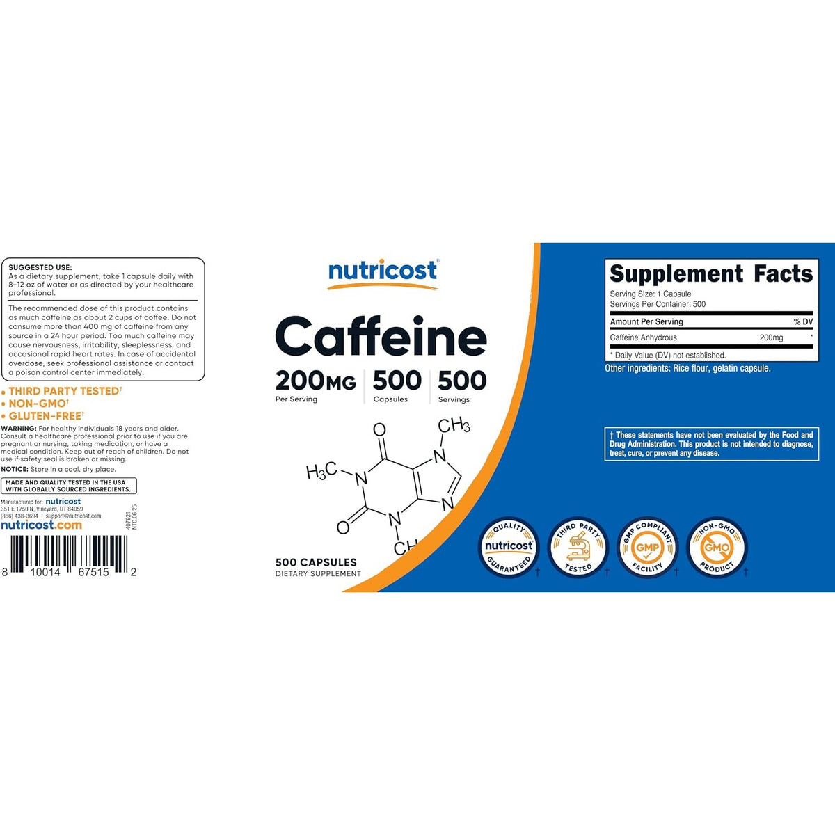 Nutricost Cafeína 200 Mg 500 Cápsulas