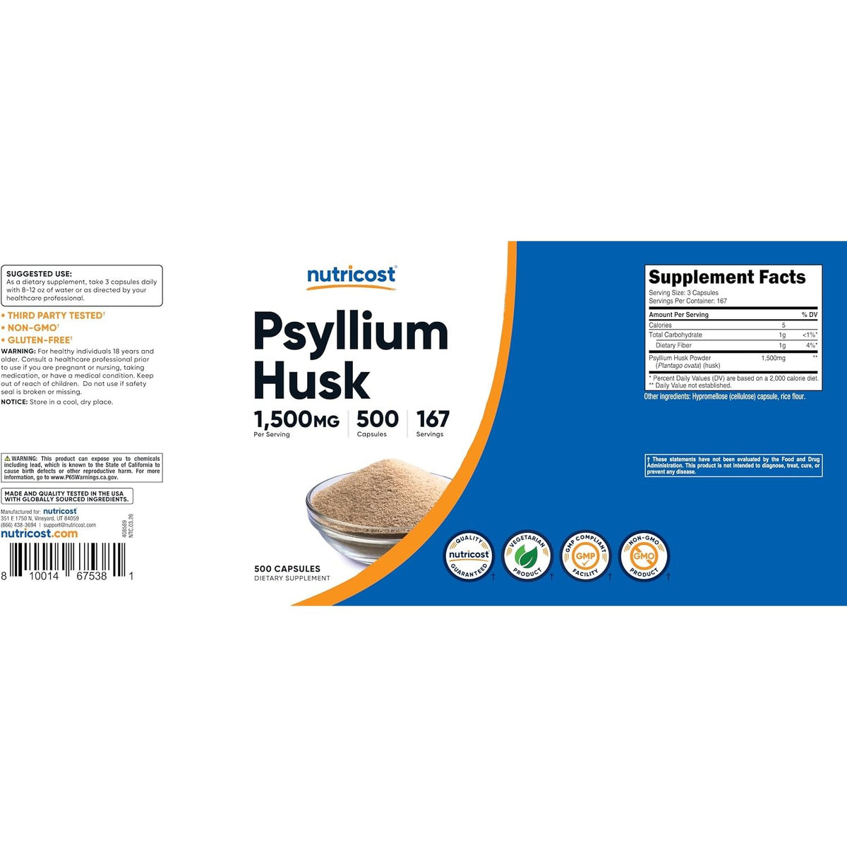 Nutricost Cáscara de Psyllium 1500 mg 500 Cápsulas