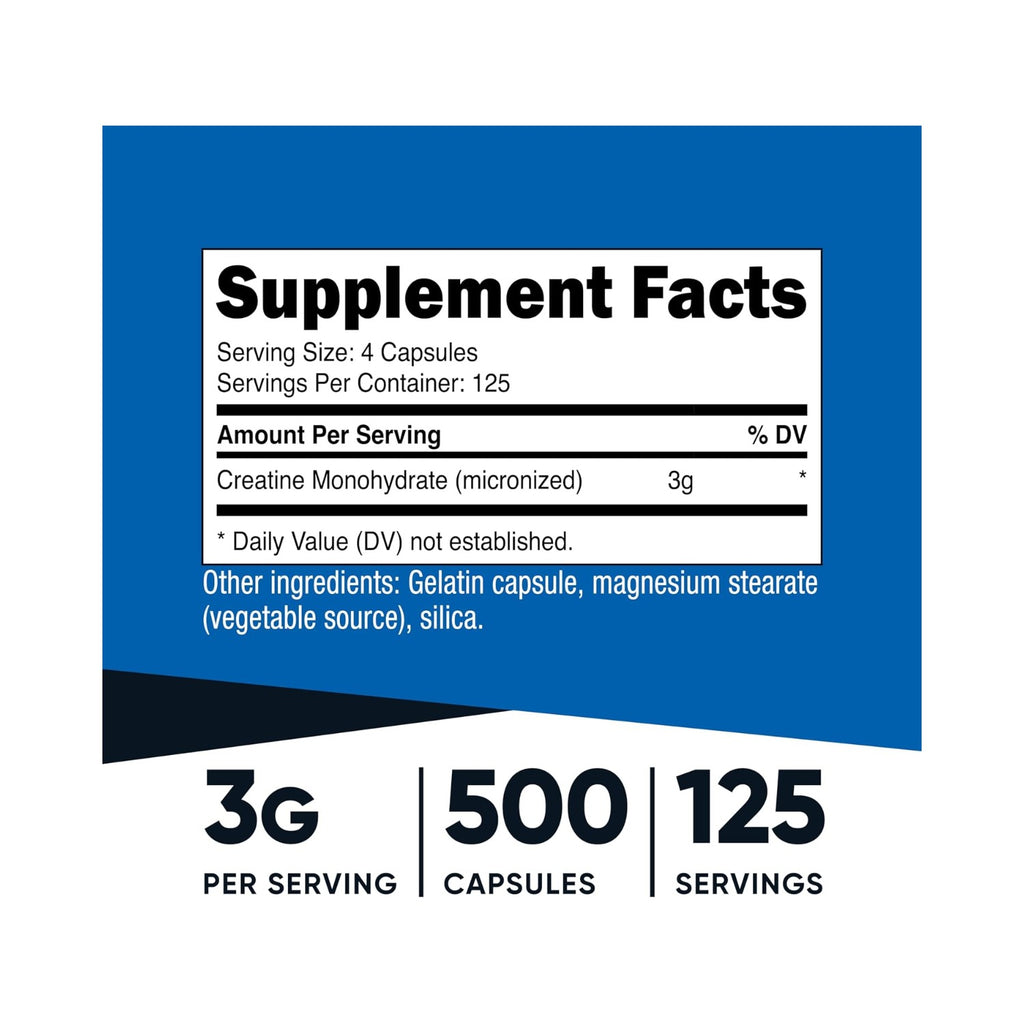 Nutricost Monohidrato de Creatina Micronizada 750 mg 500 Cápsulas